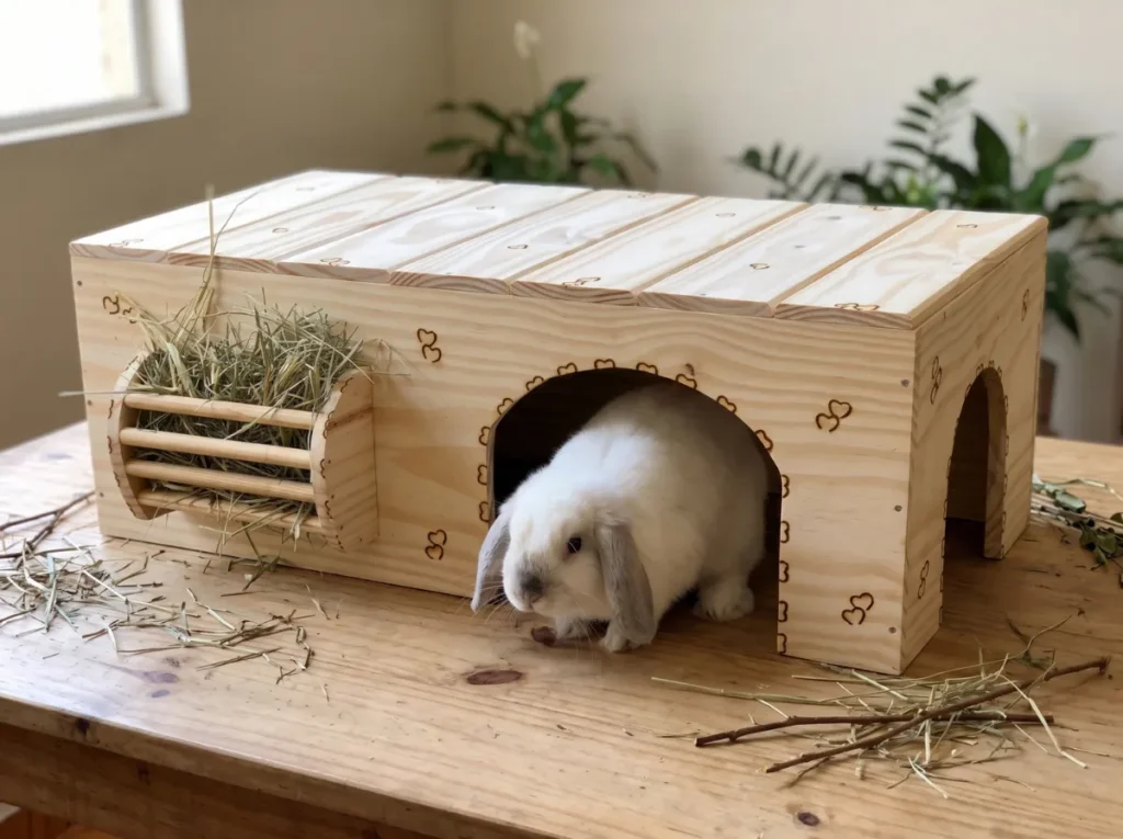Casinha de madeira para coelhos anões, porquinhos e chinchilas